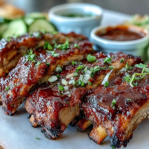 Smoky Father's Day BBQ Rib Board with luscious sauces, ready for sharing.