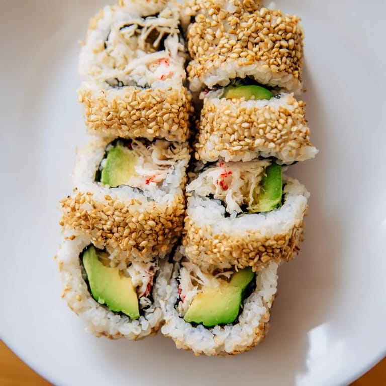 Close-up of a beautifully assembled California roll, sprinkled with sesame seeds, for an exquisite sushi experience.