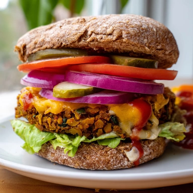 A juicy bite of a loaded Veggie Burger, piled high with fresh, colorful toppings and cheese.