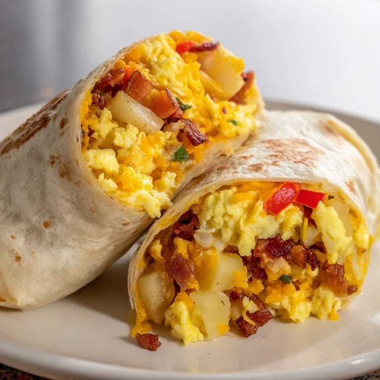 Perfectly wrapped breakfast burrito, showcasing melted cheese and cooked bacon ready to enjoy.