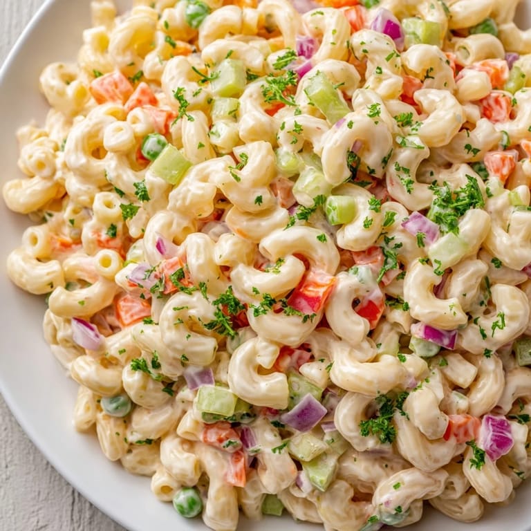 Chilled macaroni salad, glistening with a creamy dressing, ready to be served at your next gathering.