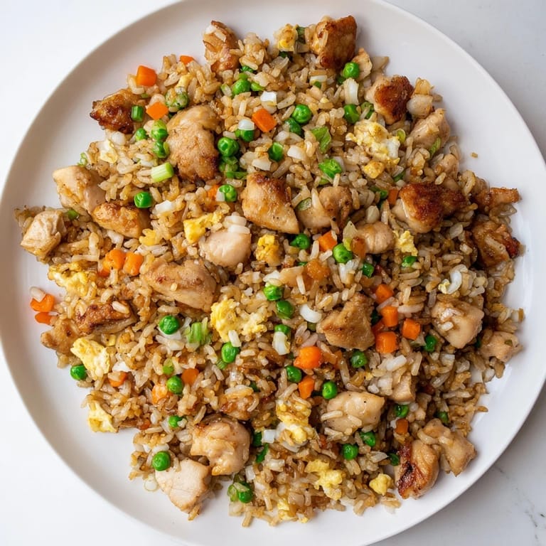 Savory chicken fried rice steaming hot, with glistening soy sauce and fresh spring onion garnish.