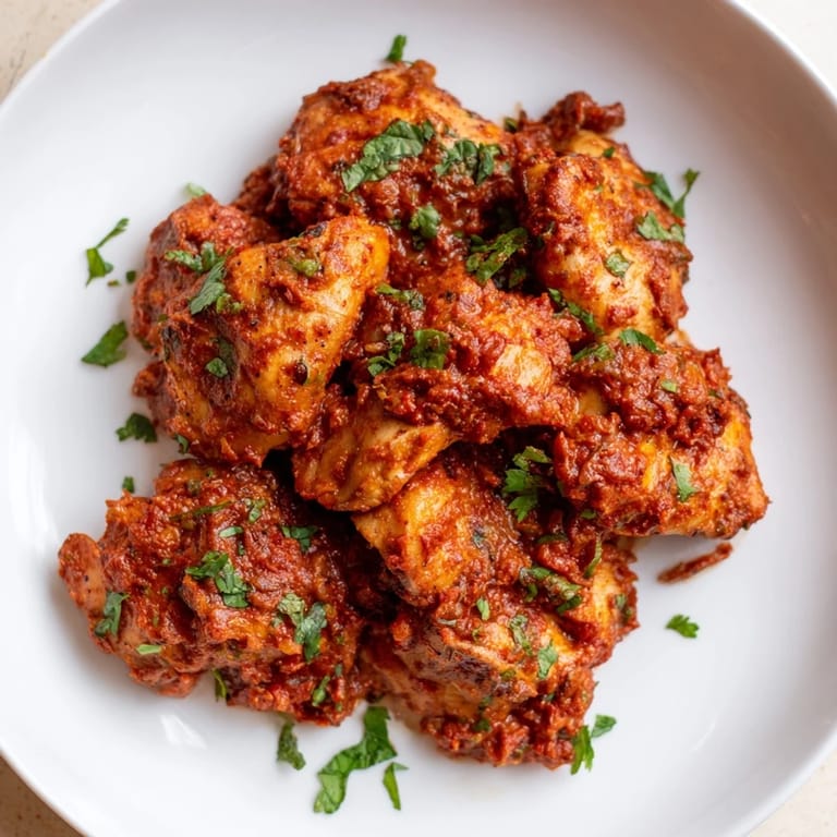 A steaming bowl of Chicken Tikka Masala, showcasing tender chicken in a vibrant tomato sauce.