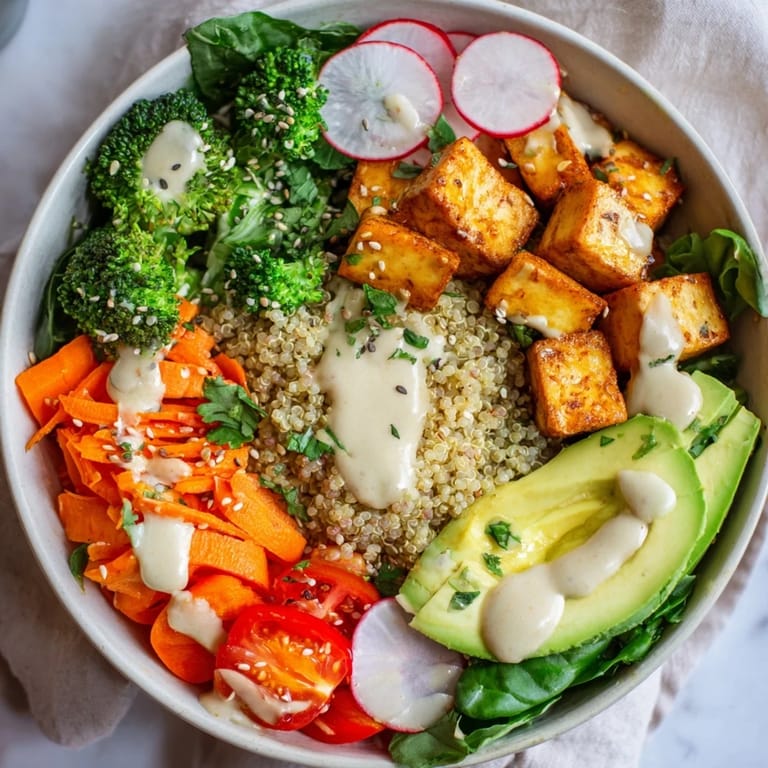 This vibrant Buddha Bowl showcases colorful veggies, protein, and a delicious tahini dressing, ready to enjoy.