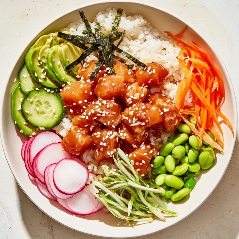 Delicious poke bowl loaded with tender marinated fish and creamy avocado, ready to be enjoyed.