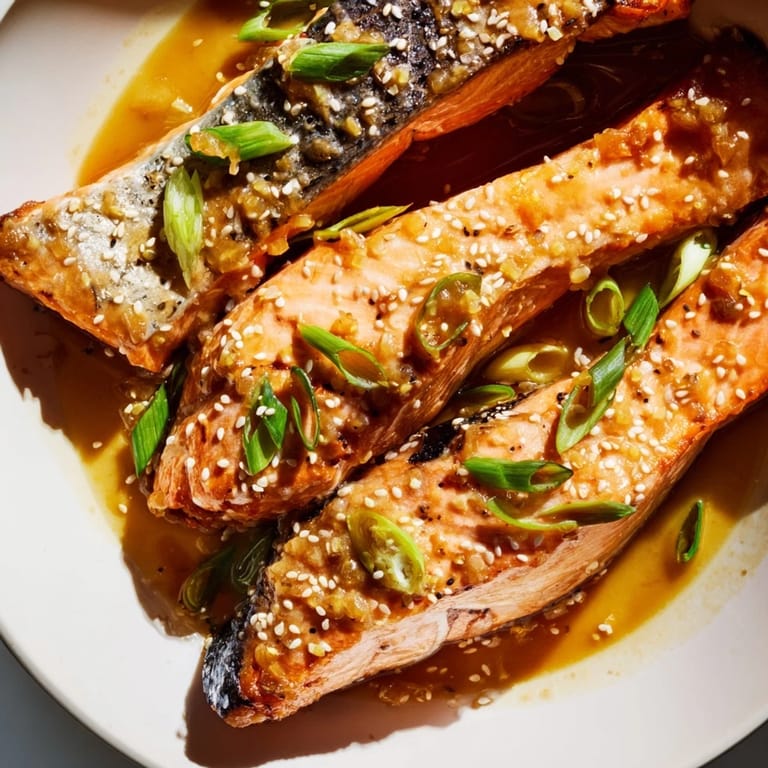 Picture of perfectly cooked Honey Garlic Salmon, served alongside fresh green vegetables for pescatarians.