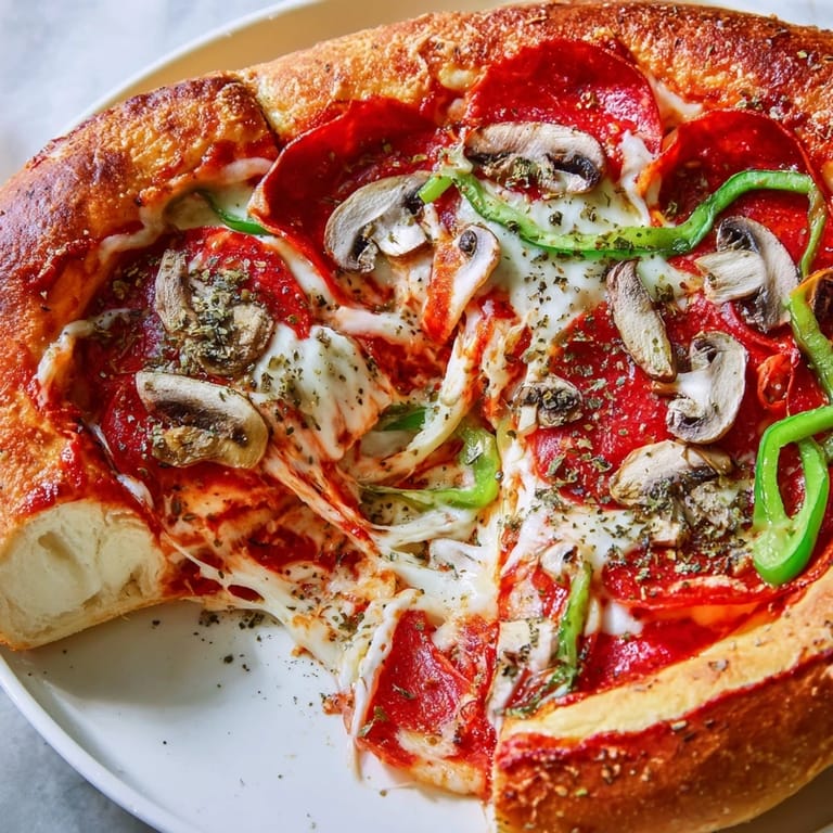 This delicious Stuffed Crust Pizza presents a warm, cheesy bite with colorful bell peppers.