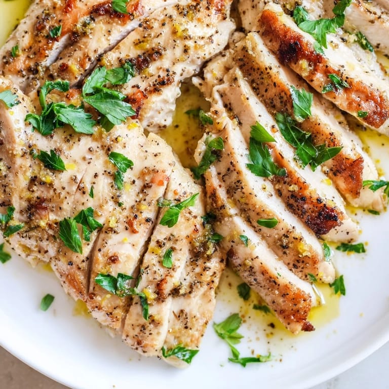 Close-up shot shows glistening Lemon Pepper Chicken with black pepper, a delicious and easy main dish.