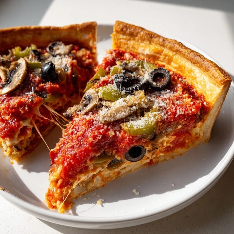 A Chicago-style deep dish pizza erupts with melted cheese, rich sauce, and your favorite ingredients.