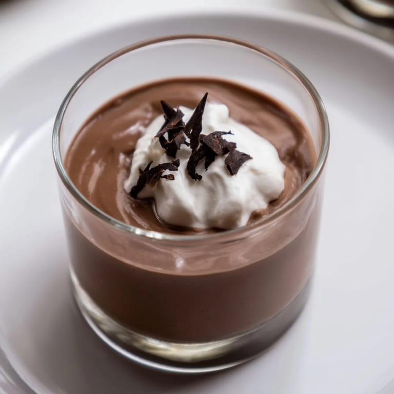 Chilled chocolate pudding, rich and decadent, topped with optional fresh whipped cream for serving.