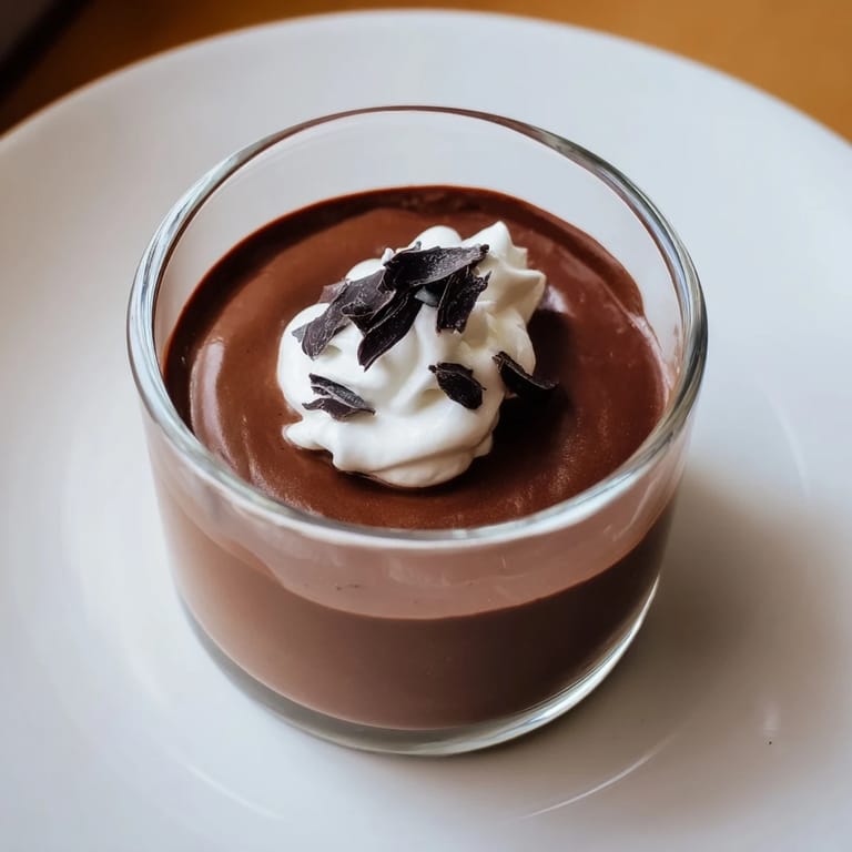 Homemade chocolate pudding, perfectly smooth and glistening, promising a satisfyingly sweet treat.