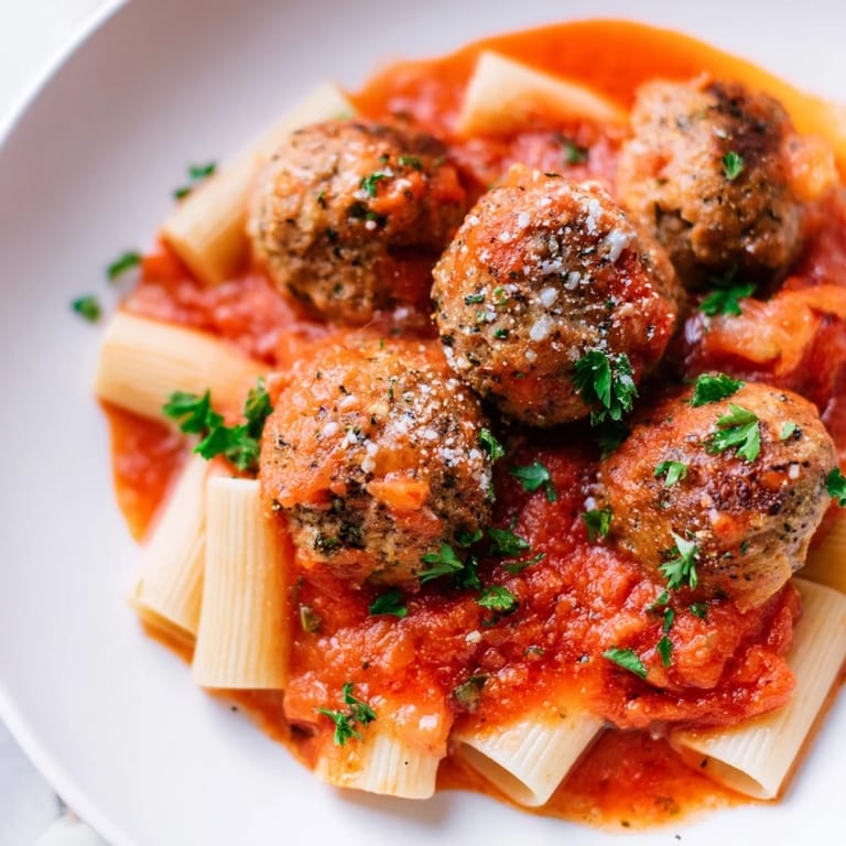 A bowl of delicious turkey meatballs and pasta, garnished with fresh herbs, ready to eat.