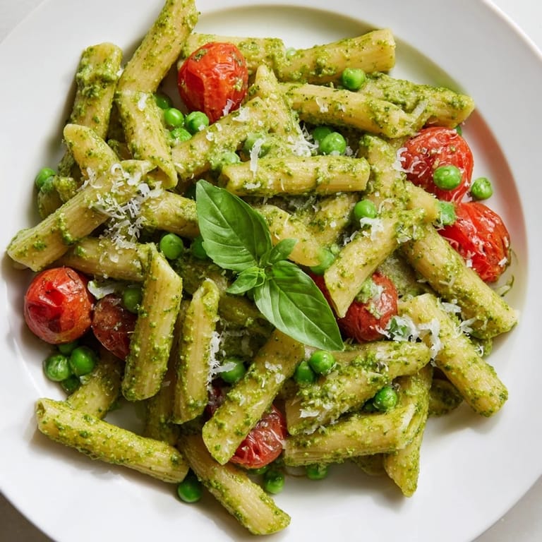 This vegetarian pasta salad is tossed in homemade basil pesto and extra-virgin olive oil.  