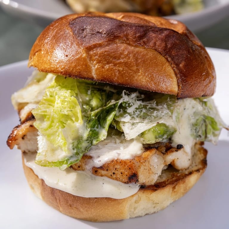Juicy Caesar chicken sandwich layered with fresh lettuce and Parmesan on a golden bun.