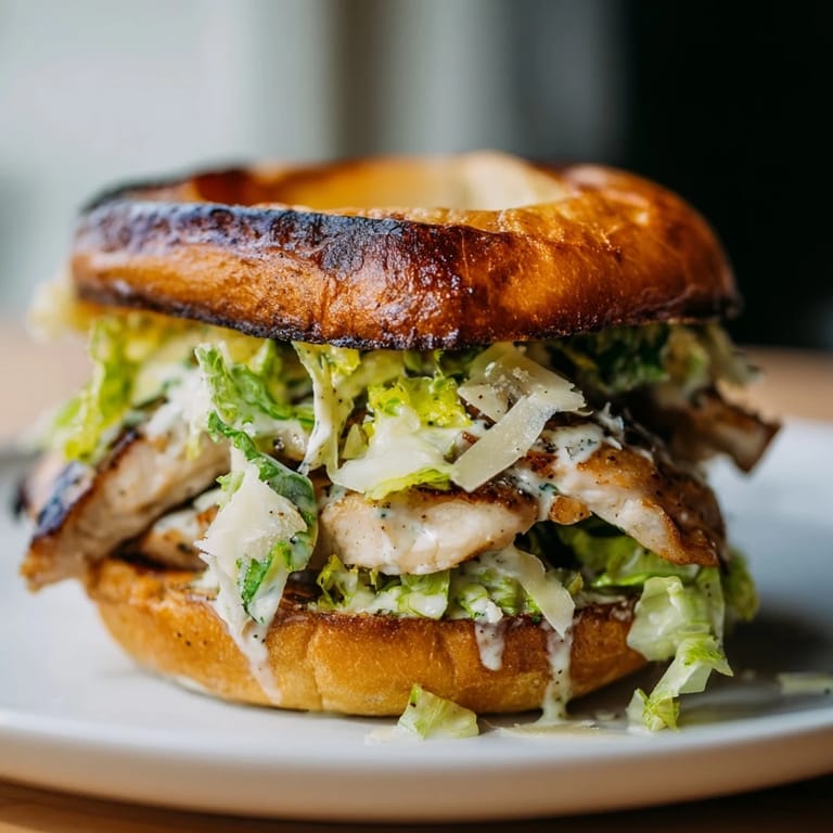 Golden grilled chicken Caesar sandwich with creamy dressing, romaine lettuce, and toasted buns.