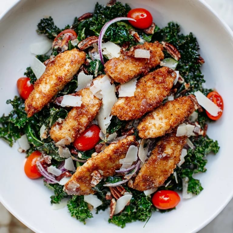 A hearty American dinner salad features crunchy panko-breaded chicken, massaged kale, and colorful vegetables, drizzled with sweet and tangy maple-Dijon vinaigrette.