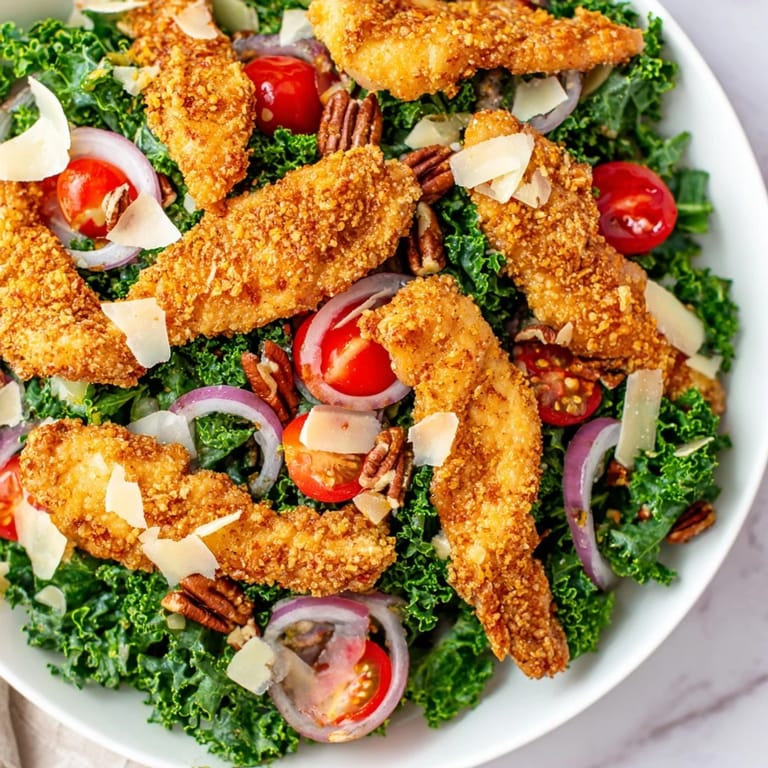 Serve this vibrant Crispy Chicken Kale Salad for a satisfying lunch, with golden fried chicken cutlets over greens, tomatoes, and optional toasted nuts.