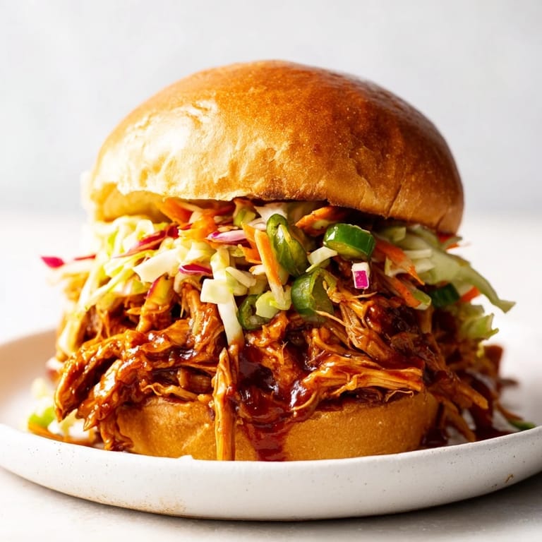 Classic American pulled chicken sandwich stacked high with smoky barbecue chicken and fresh, creamy slaw on a golden brioche bun.