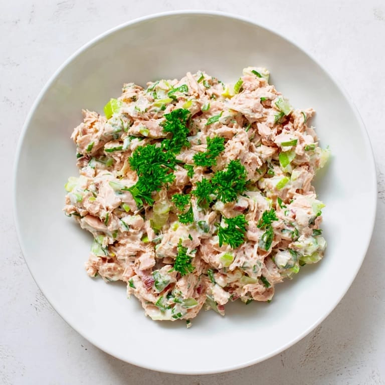 A vibrant bowl of spicy zesty tuna salad featuring tender tuna, crisp celery, and green scallions, garnished with fresh parsley.