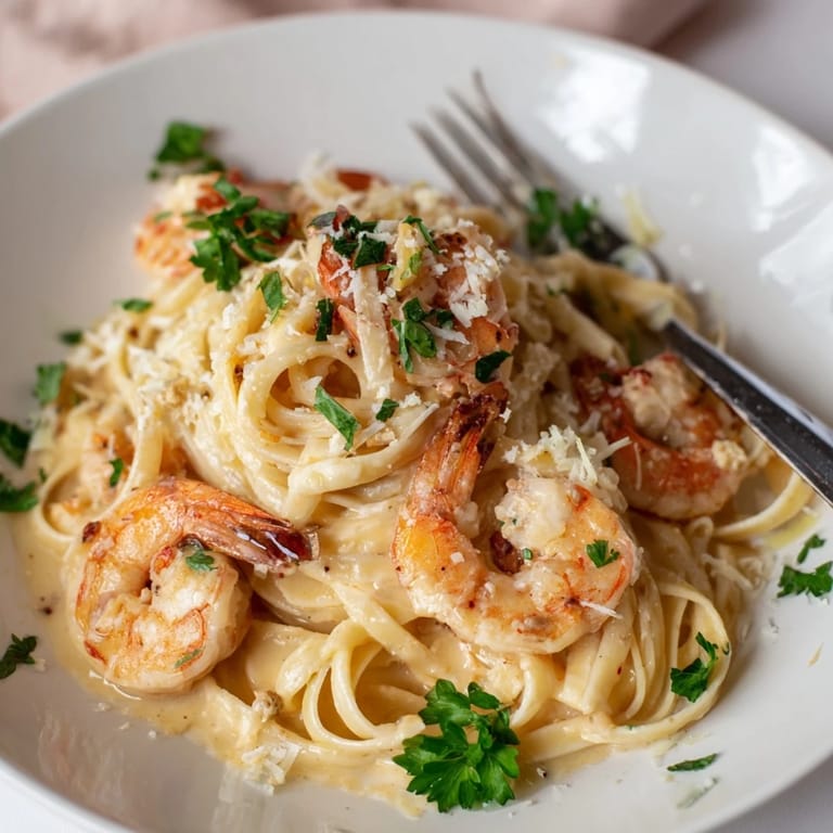 Ladle of Creamy Garlic Shrimp Pasta glistening, garnished with fresh parsley and lemon wedges for a bright, zesty finish.