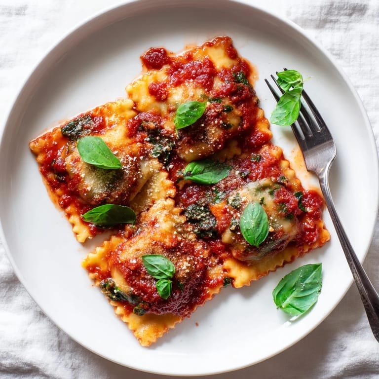 Perfectly plated Spinach Ricotta Ravioli, topped with grated Parmesan and served alongside garlic bread for a meal.