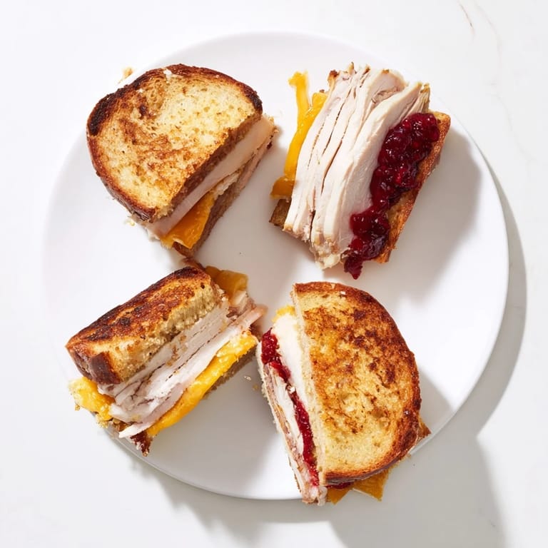 Golden-brown Smoked Turkey Grilled Cheese sliced in half, revealing layers of smoked turkey, melted sharp cheddar, and cranberry spread.