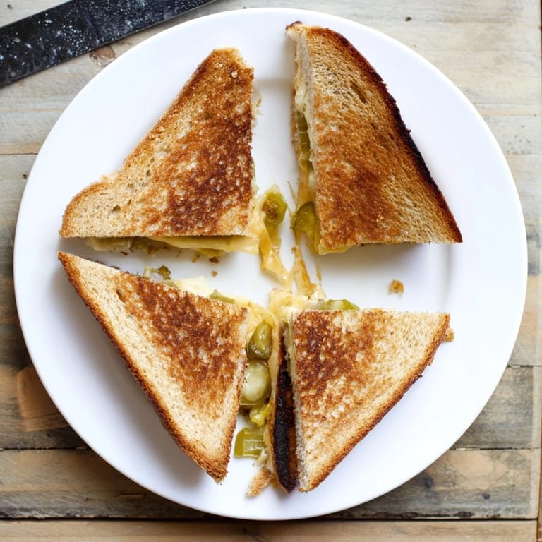 A vibrant, easy Jalapeño Pepper Jack Grilled Cheese, perfectly sliced and ready to serve with a side of tomato soup.