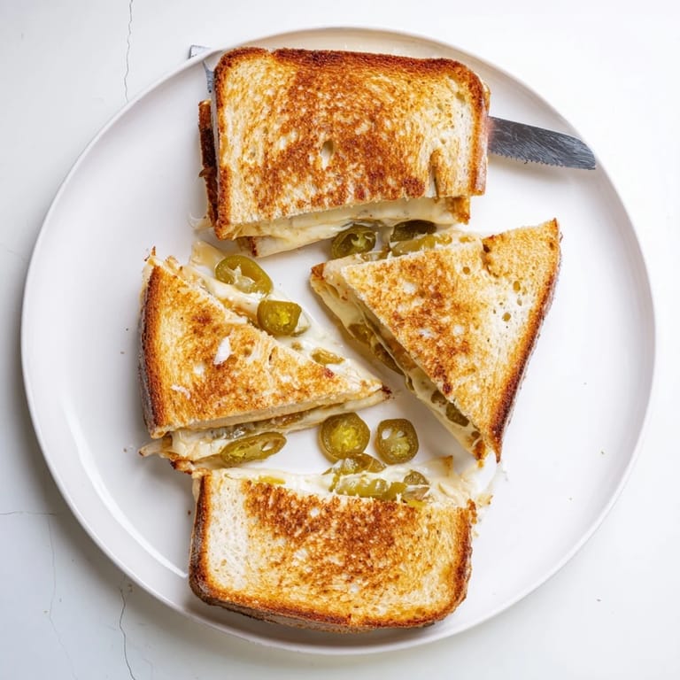 Close-up of a Jalapeño Pepper Jack Grilled Cheese with a gooey, spicy interior and crispy buttered crust.
