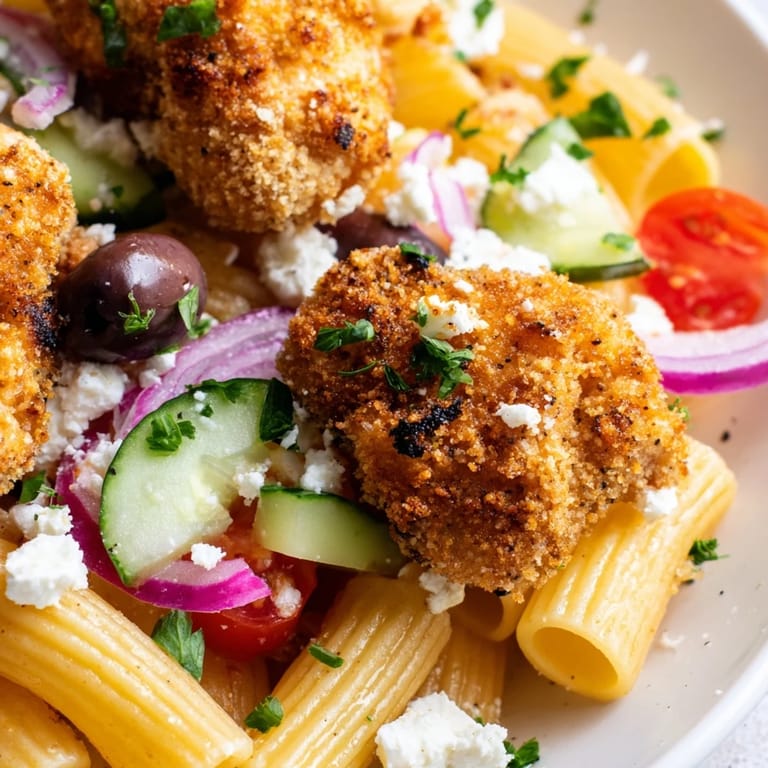 A close-up of Crispy chicken Greek pasta featuring crunchy Parmesan chicken, cucumber, tomatoes, and feta with a drizzle of dressing.  
