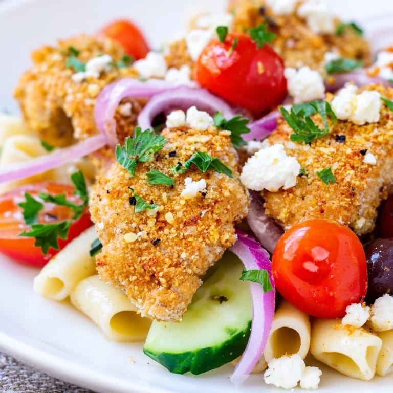 Serve Crispy chicken Greek pasta warm, topped with Kalamata olives and parsley, alongside a chilled glass of Sauvignon Blanc.