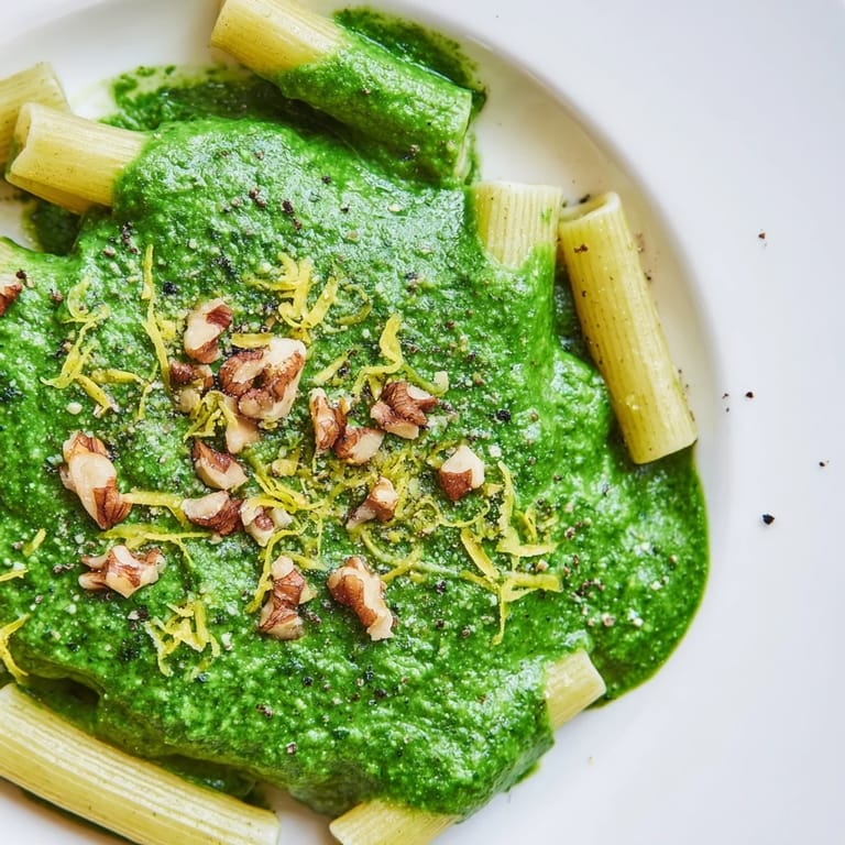 Steaming plate of creamy spinach walnut pasta, the vibrant green sauce clinging to each penne noodle beautifully.