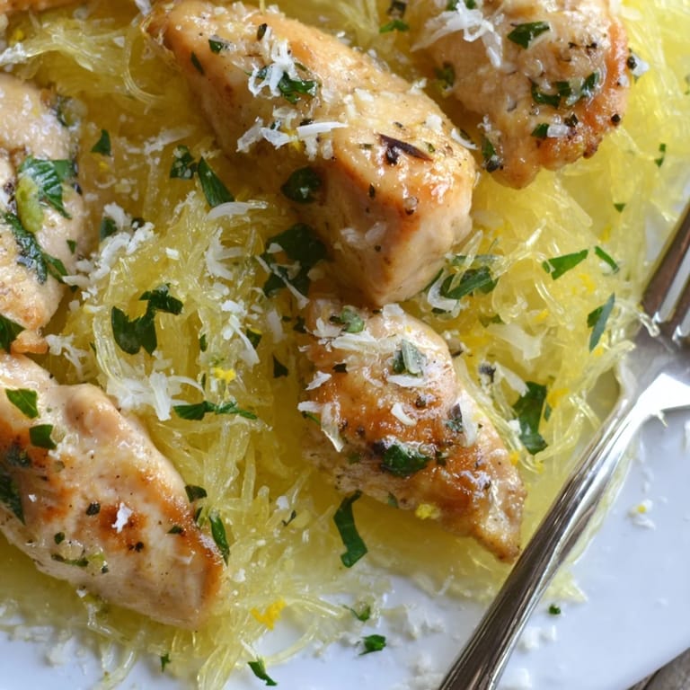 A close-up of fork-twirled spaghetti squash noodles and savory chicken, garnished with fresh parsley and a sprinkle of Parmesan, ideal for a healthy weeknight dinner.  