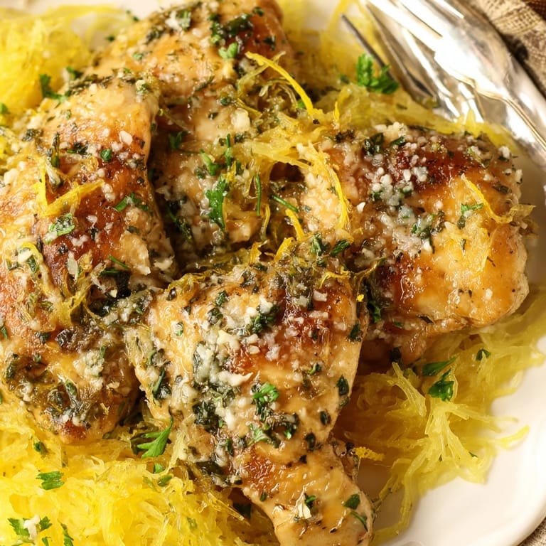 Bright, savory Lemon Garlic Chicken Spaghetti Squash served warm, featuring juicy chicken, roasted squash, and a zesty lemon sauce perfect for family-style gluten-free dining.