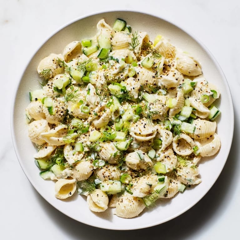 Close-up of Cucumber Crunch Pasta Salad featuring shell pasta, creamy coating, and poppy seeds, perfect for easy weeknight dinners.