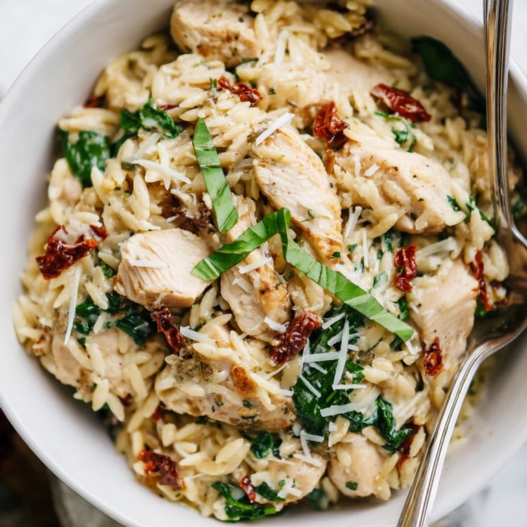 Savory Tuscan Chicken Orzo topped with fresh basil and melted Parmesan, perfect for a cozy family dinner.