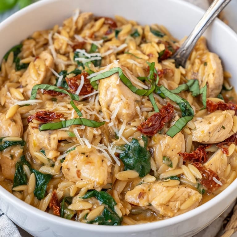 Golden-brown chicken and tomato flecks in creamy Tuscan Chicken Orzo, plated with a glass of white wine.
