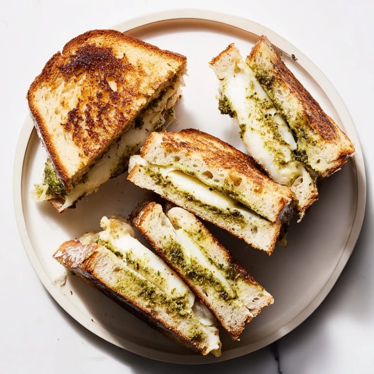 A close-up of a sliced sourdough pesto grilled cheese sandwich, showing the stretchy, melted cheese blend and vibrant green basil pesto spread on thick bread.