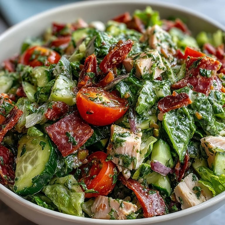 Overhead view of Italian Deli Chopped Chicken Salad featuring cubes of chicken, salami, provolone, and pepperoncini on crisp greens.