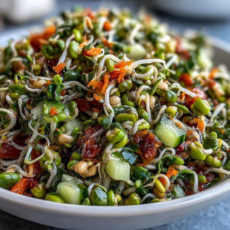Healthy vegan Sprouted Seed Salad with grated carrot, fresh cilantro, and a zesty lemon-olive oil dressing in a white serving bowl.