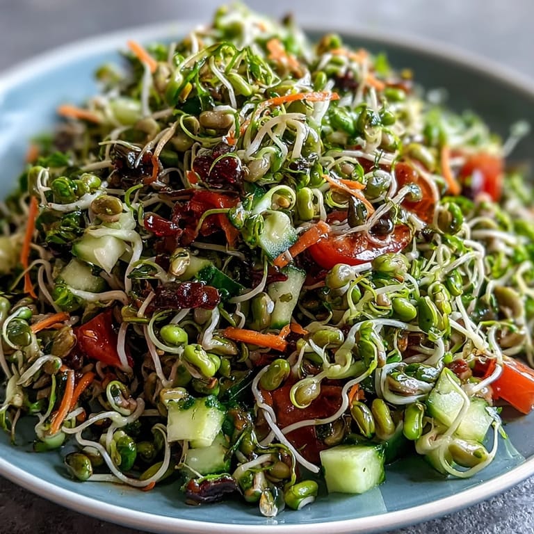 Fresh Sprouted Seed Salad featuring crisp vegetables and a light dressing, served as a nutritious side dish for lunch or dinner.