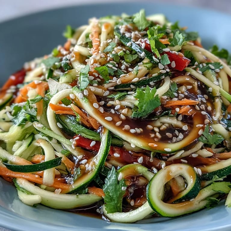 Freshly tossed raw vegetable noodle salad on a platter, garnished with toasted sesame seeds, chopped peanuts, and cilantro for an Asian-inspired side dish.  