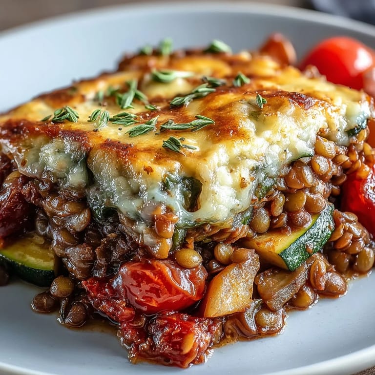 Spoonful of hearty green lentil and vegetable casserole with tender carrots, bell peppers, and melted Parmesan topping.