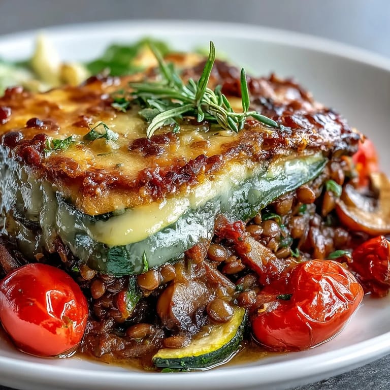 Uplifting vegetarian green lentil and vegetable casserole with cherry tomatoes and herbs, ready to serve with crusty bread.