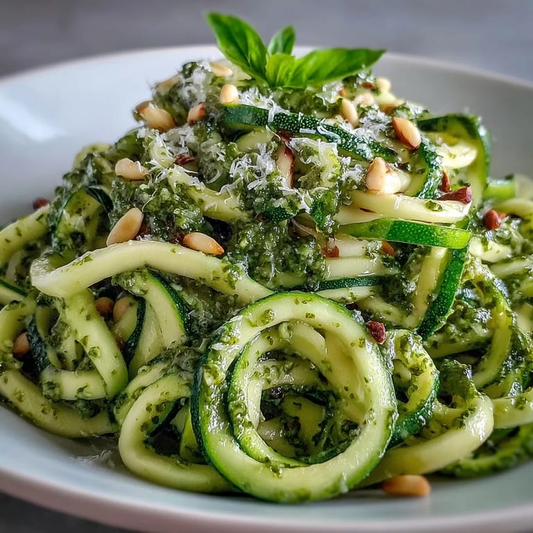 Bright green zucchini noodles tossed in a fragrant, garlicky pesto, served warm as a low-carb main dish.