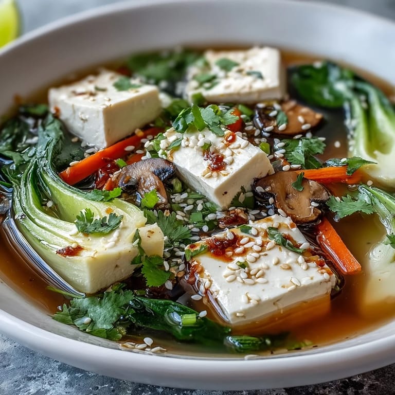 Savory Asian-inspired Tofu and Vegetable Soup, a quick and healthy vegan meal.