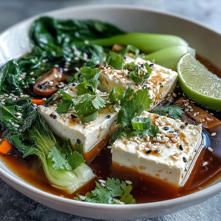 Hearty Tofu and Vegetable Soup, showcasing silken tofu and fresh colorful veggies.