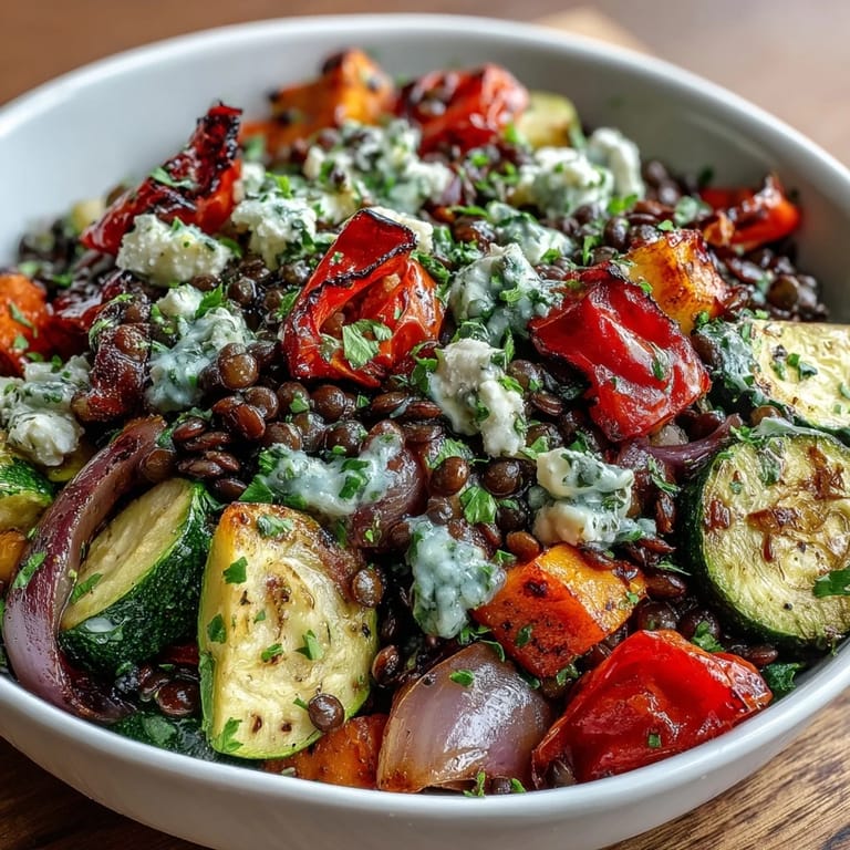 Vibrant bowl of Black Lentil Salad with Roasted Vegetables, showcasing tender lentils, colorful cherry tomatoes, and fresh herbs, perfect for a nutritious, gluten-free dinner.