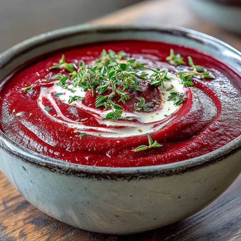 Vibrant crimson roasted beet soup garnished with a swirl of cream, ready to enjoy as a cozy appetizer.