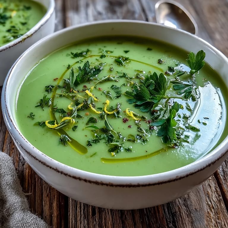 Velvety green Zucchini Soup in a rustic white bowl, steaming with hints of fresh basil and thyme from the summer garden. 