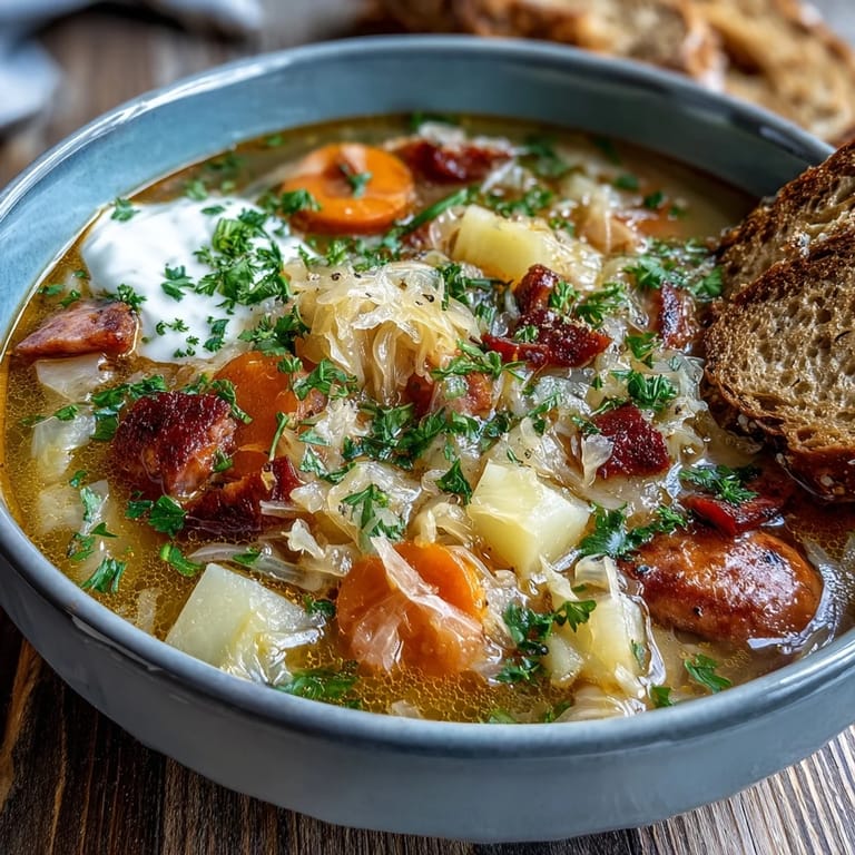 Close-up of creamy Sauerkraut Soup topped with fresh parsley and sour cream, alongside crusty bread slices.